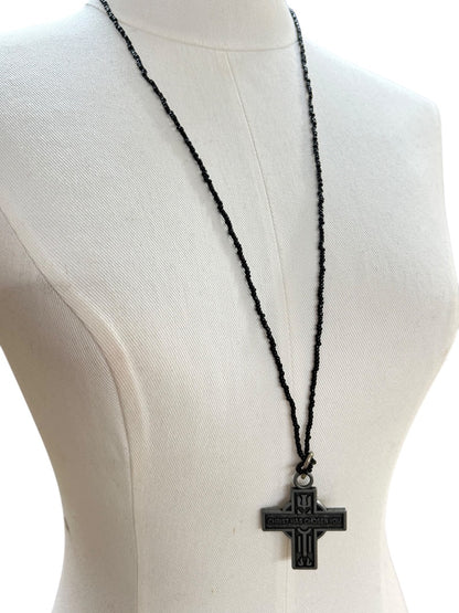 Black 32 Inch Overhead Necklace Pewter Cross Pendant "Christ has Chosen You"