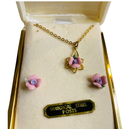 New Delicate Porcelain Pink Flower Jewelry Set Necklace Pierced Earrings Goldtone