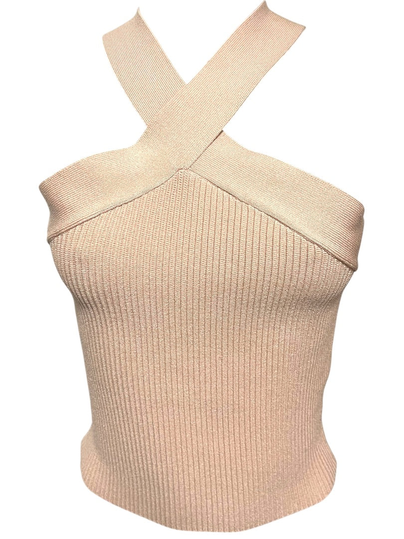 Medium Allie Rose Elegant Criss Cross Cropped Halter Top Pink