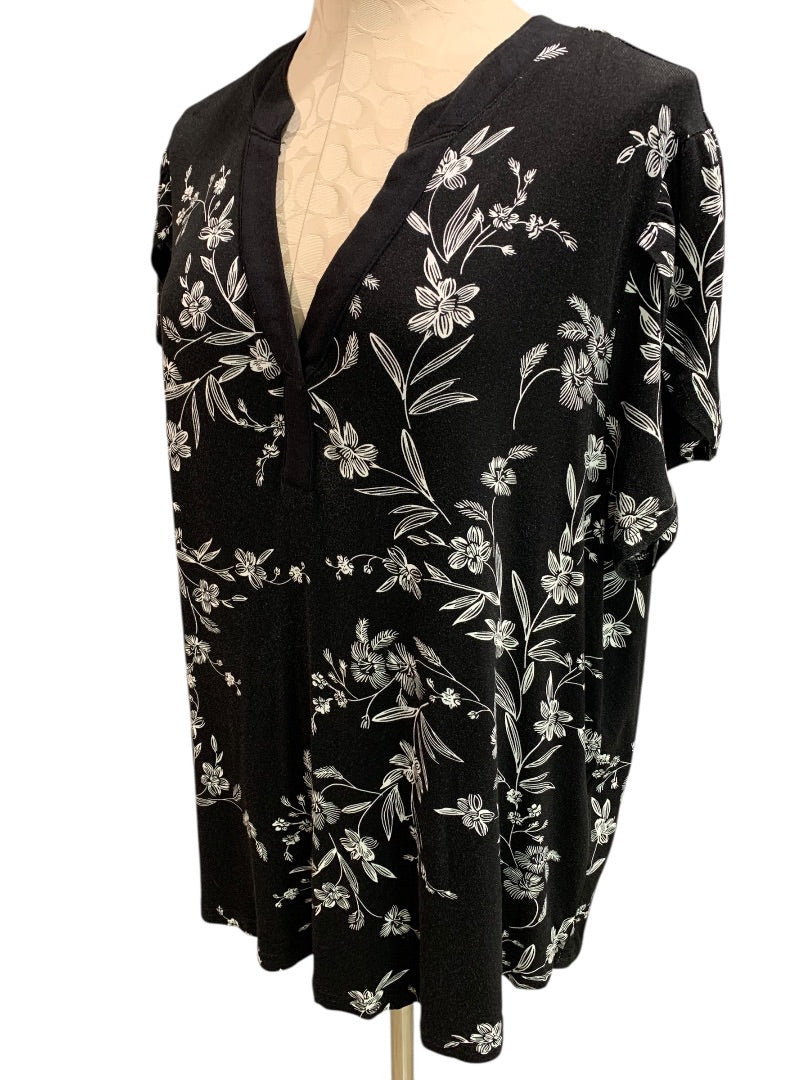 2XL Syoss Womens Soft Black Tshirt Floral Print White V-Neck