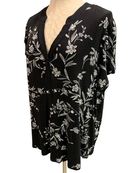 2XL Syoss Womens Soft Black Tshirt Floral Print White V-Neck