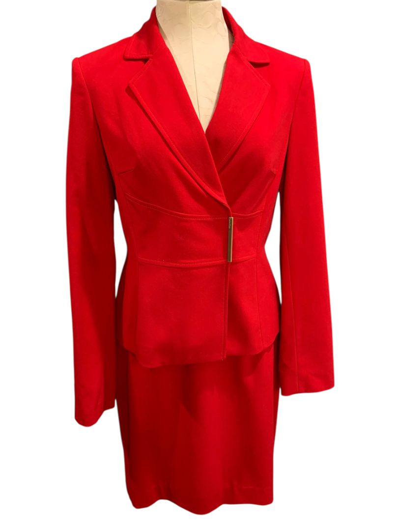 Size 6 Calvin Klein Red Skirt Suit Jacket Snap Closure