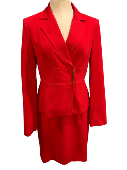 Size 6 Calvin Klein Red Skirt Suit Jacket Snap Closure