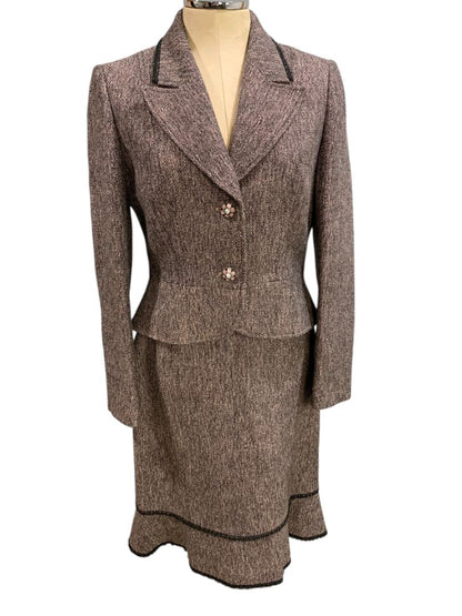 Size 6 Tahari Skirt Suit Jacket Tweed Lace Hem Black Pink Purple