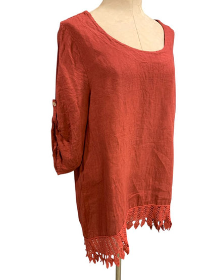 1X Lungo L'arno Womens Crochet Trim Tunic Scoop Neck Roll Tab Sleeve Linen