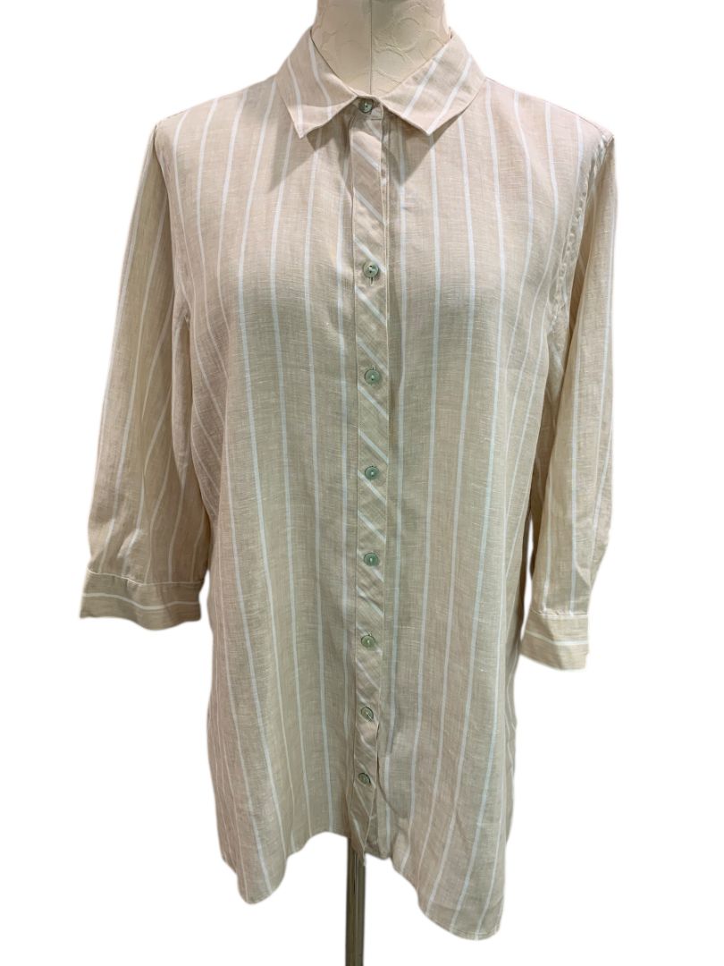 Size XL Chicos Womens Linen Tunic Button Up Blouse Shirt Tan White Stripe
