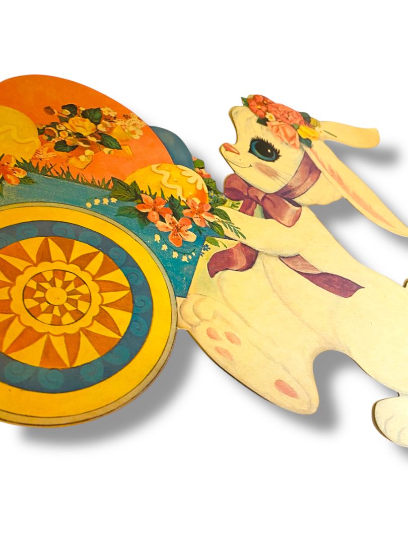 Vintage Bunny Rabbit Pushing Wheelbarrow 16" Diecut Cute Easter