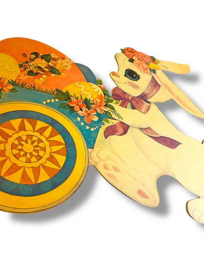 Vintage Bunny Rabbit Pushing Wheelbarrow 16" Diecut Cute Easter