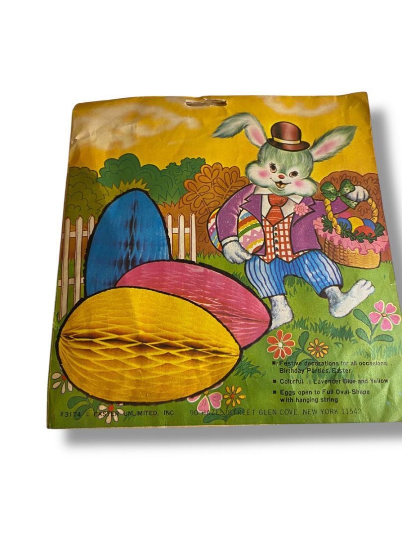 Vintage Party Eggs 6" 3 Large Honeycomb Hanging Lavender Blue Yellow New Old Stock