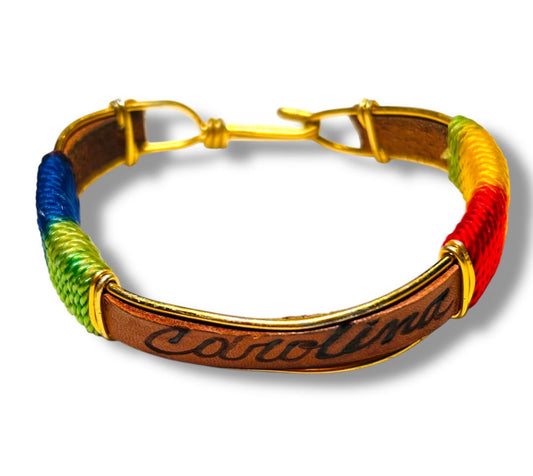 Vintage Leather and String Goldtone Personalized "Carolina" Bracelet