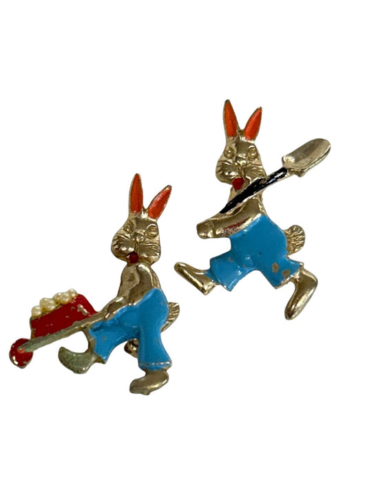 Vintage Scatter Pins Set of 2 Rabbit Farming Bunny Enameled 1.25"
