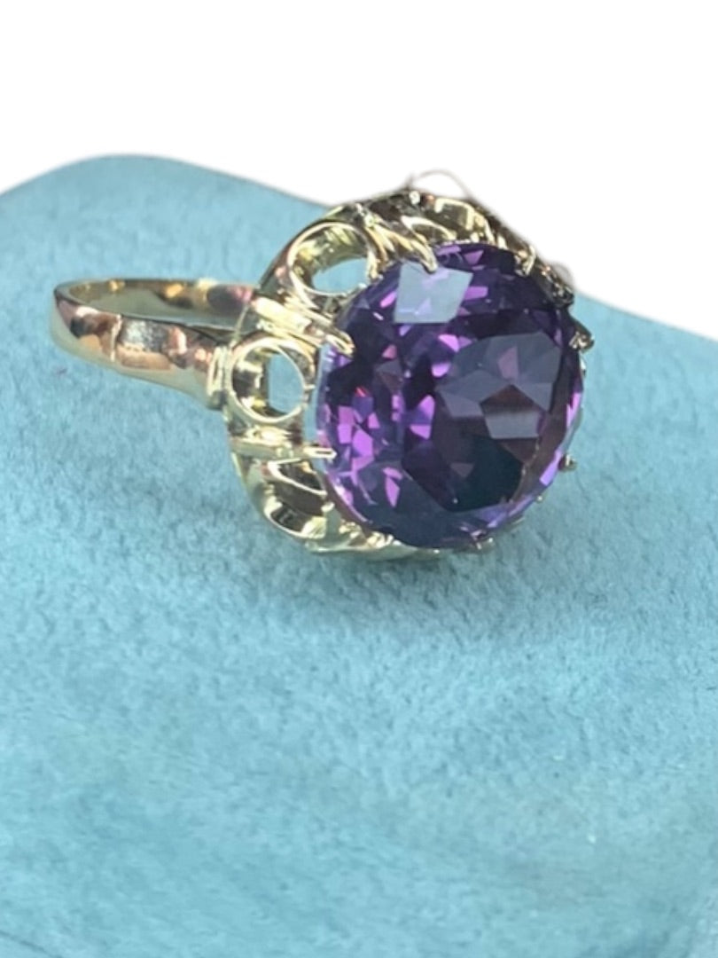 14k Yellow Gold Lab Created Round Amethyst Solitaire Ring Size 7.5