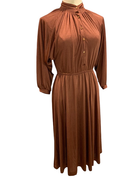 Large  Vintage 1970s Polyester Shirtwaist Dress Cinnamon Color Stretch Fabric