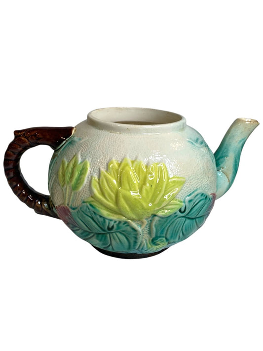 Antique Majolica Water Lily Pond Rope Teapot Pottery 9 Inch