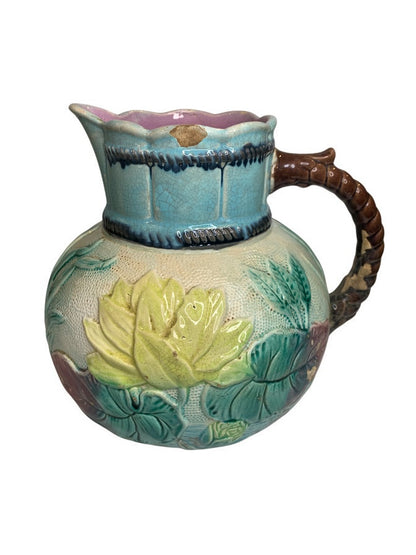 Antique Majolica Water Lily Pond Rope Pitcher Pottery 9 Inch