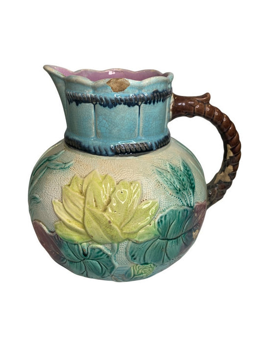 Antique Majolica Water Lily Pond Rope Pitcher Pottery 9 Inch