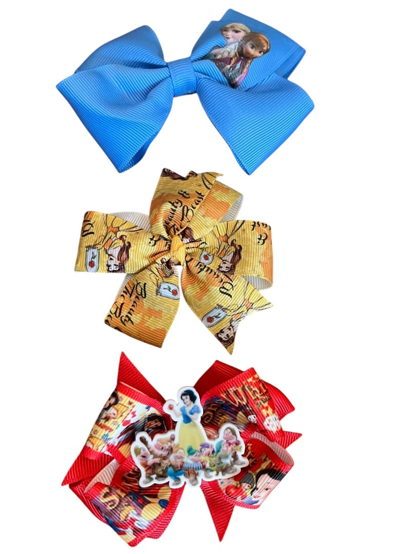 Set of 3 Princess Hair Clips Bows Beauty Frozen Snow White 3 Inch