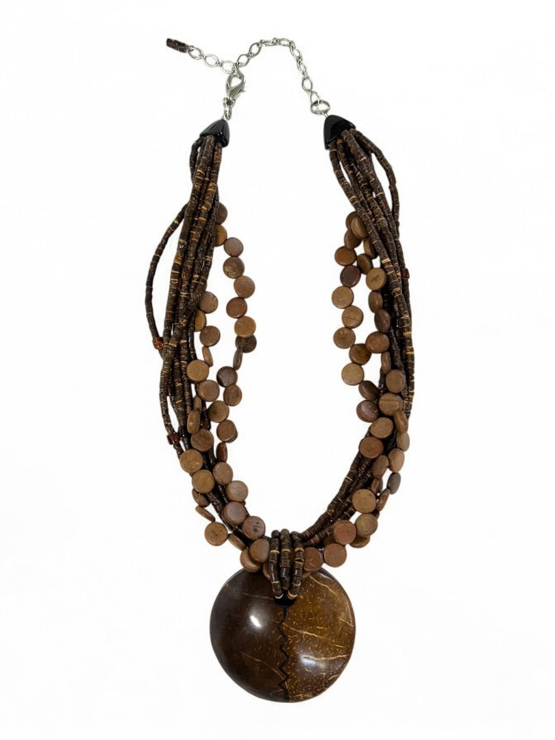Wooden Boho Statement Necklace Multistrand Twist 18-22 Inch