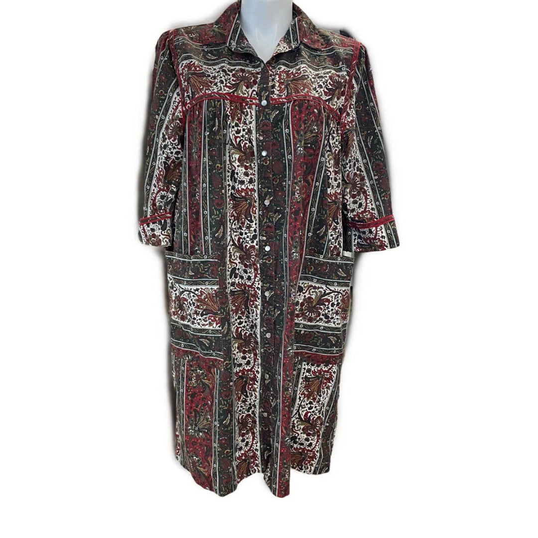 Size 16 Models Coat Vintage Womens Snap Up House Coat Dress Brown Print Pockets