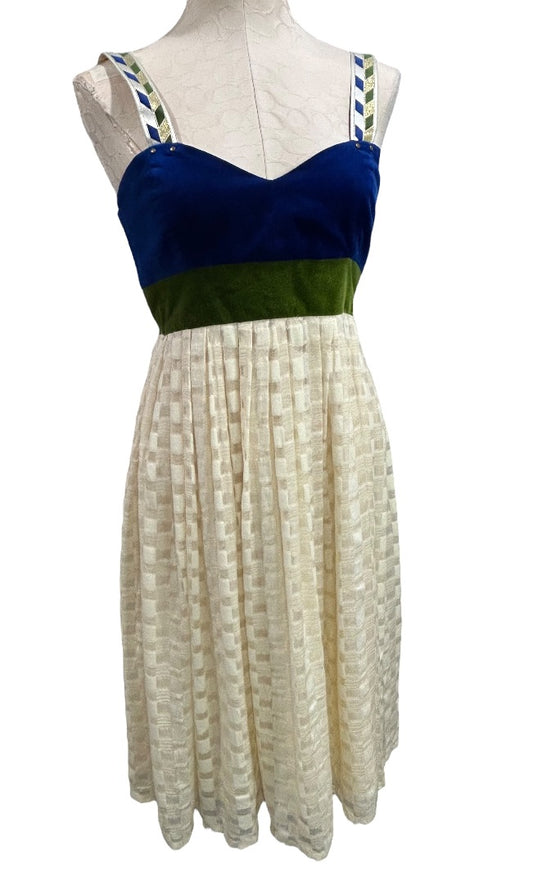 Size 6 Madchen Dress Velvet Colorblock Cream Skirt Blue Green Bodice