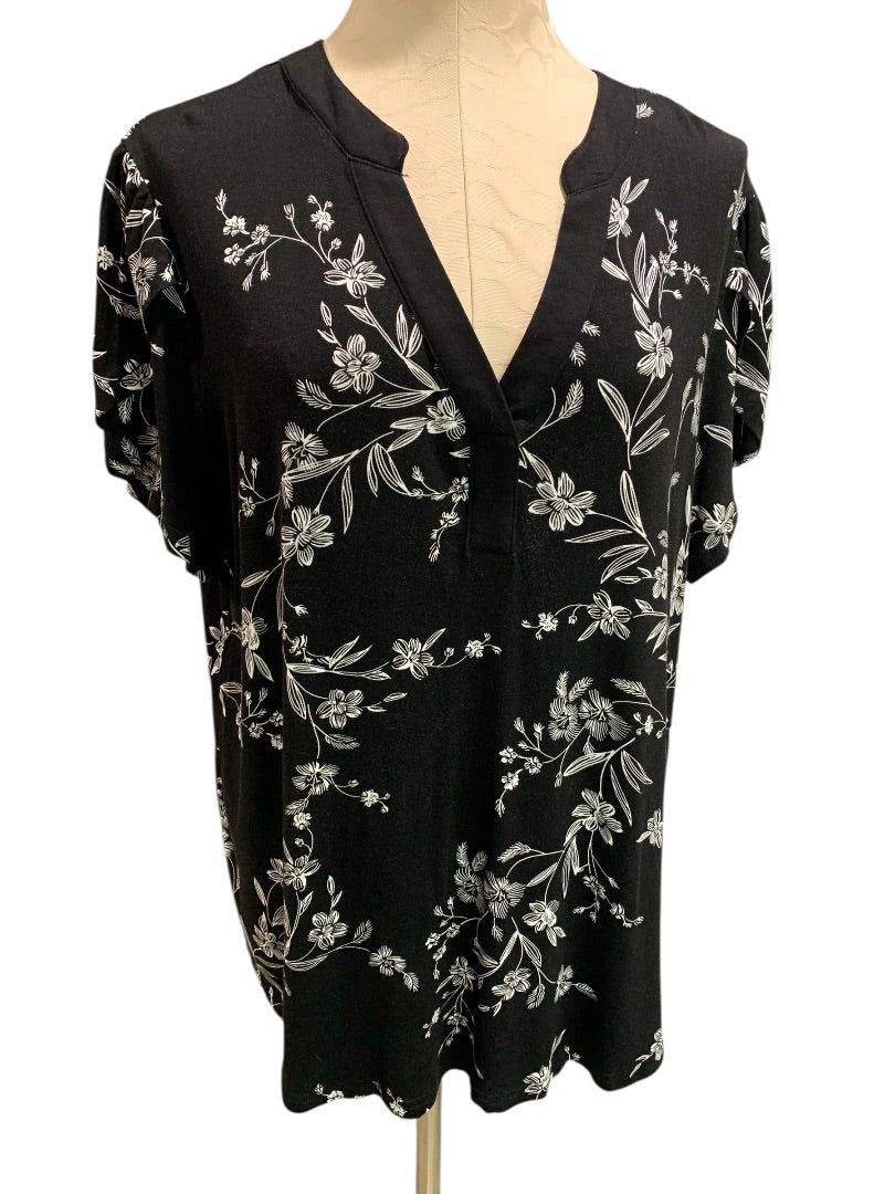 2XL Syoss Womens Soft Black Tshirt Floral Print White V-Neck