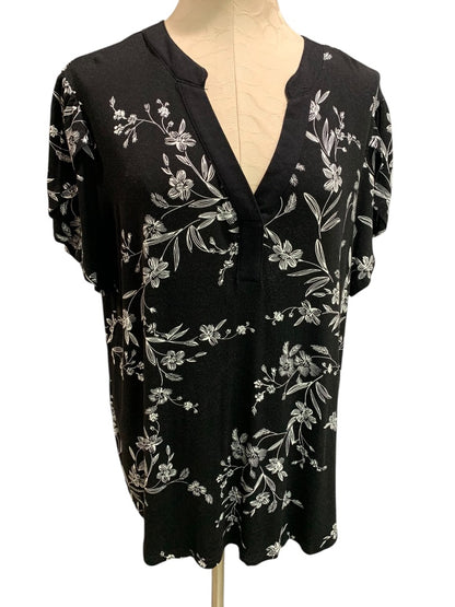 2XL Syoss Womens Soft Black Tshirt Floral Print White V-Neck