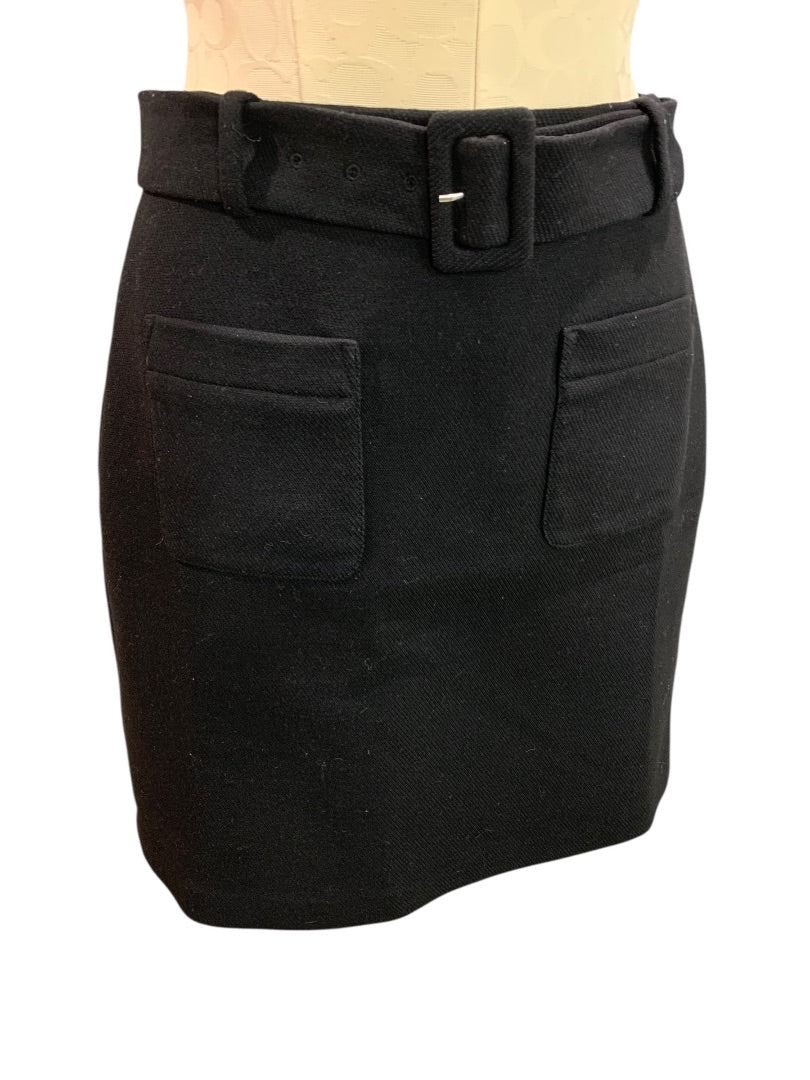 Size 2P Loft Petites Black Belted Skirt Side Zip Black Lined