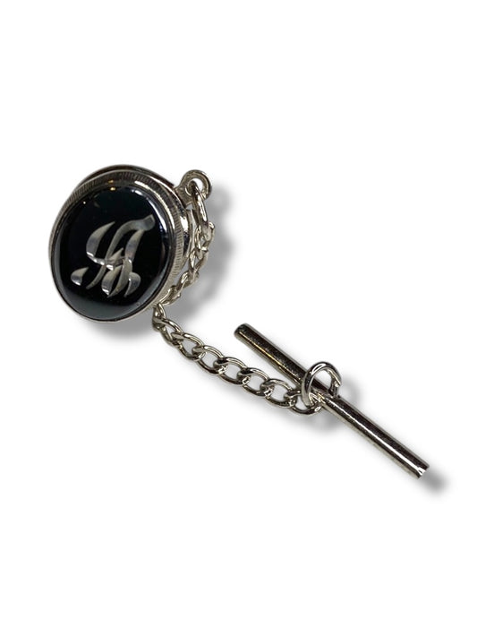 Tie Tack Silvertone Engraved "A" Initial .5" Face Oval