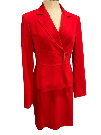 Size 6 Calvin Klein Red Skirt Suit Jacket Snap Closure