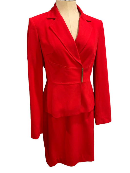 Size 6 Calvin Klein Red Skirt Suit Jacket Snap Closure