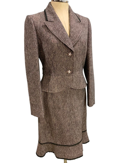 Size 6 Tahari Skirt Suit Jacket Tweed Lace Hem Black Pink Purple