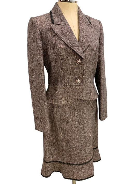 Size 6 Tahari Skirt Suit Jacket Tweed Lace Hem Black Pink Purple