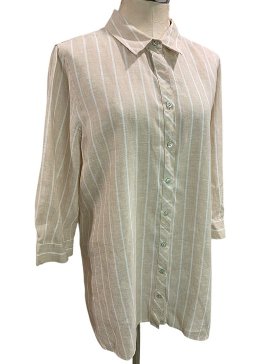 Size XL Chicos Womens Linen Tunic Button Up Blouse Shirt Tan White Stripe