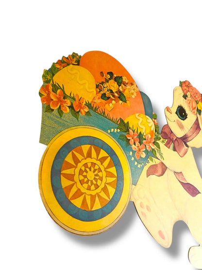 Vintage Bunny Rabbit Pushing Wheelbarrow 16" Diecut Cute Easter