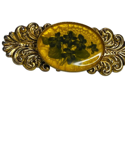 Vintage Goldtone Brooch Pin Dried Flowers in Resin 2"