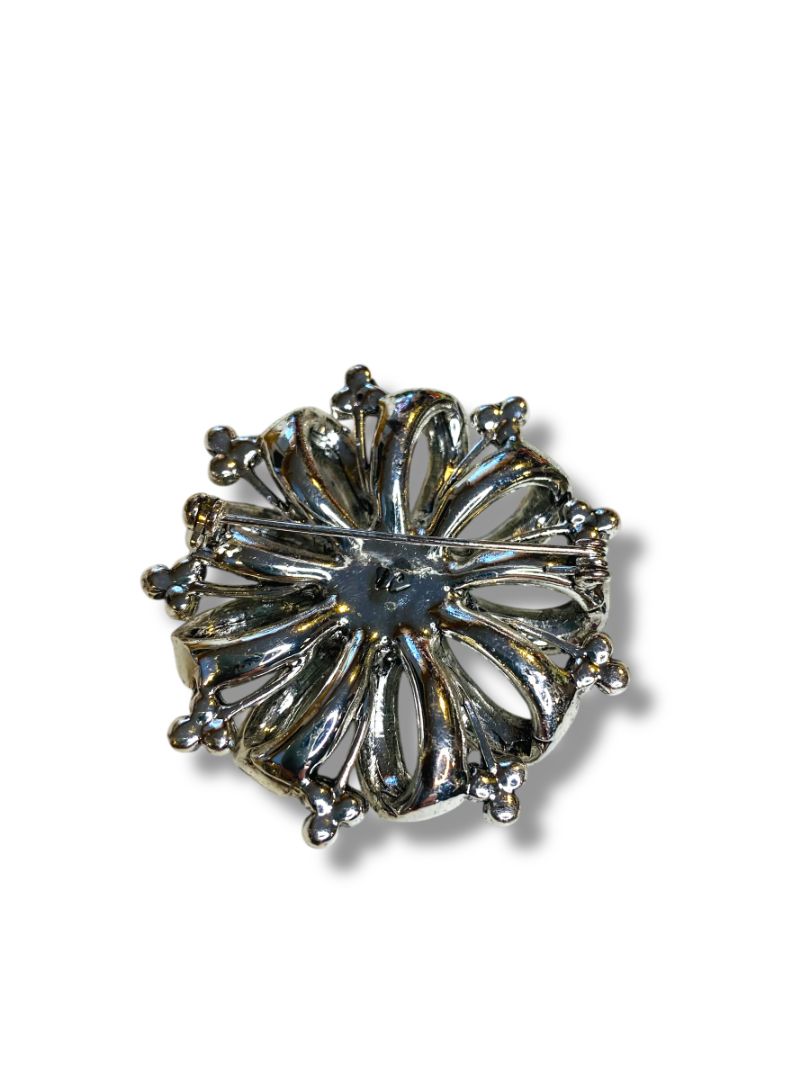 Vintage Sparkly Silvertone Faux Pearl Brooch Pin 2.1" Diameter