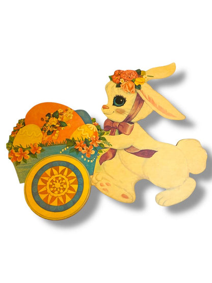 Vintage Bunny Rabbit Pushing Wheelbarrow 16" Diecut Cute Easter