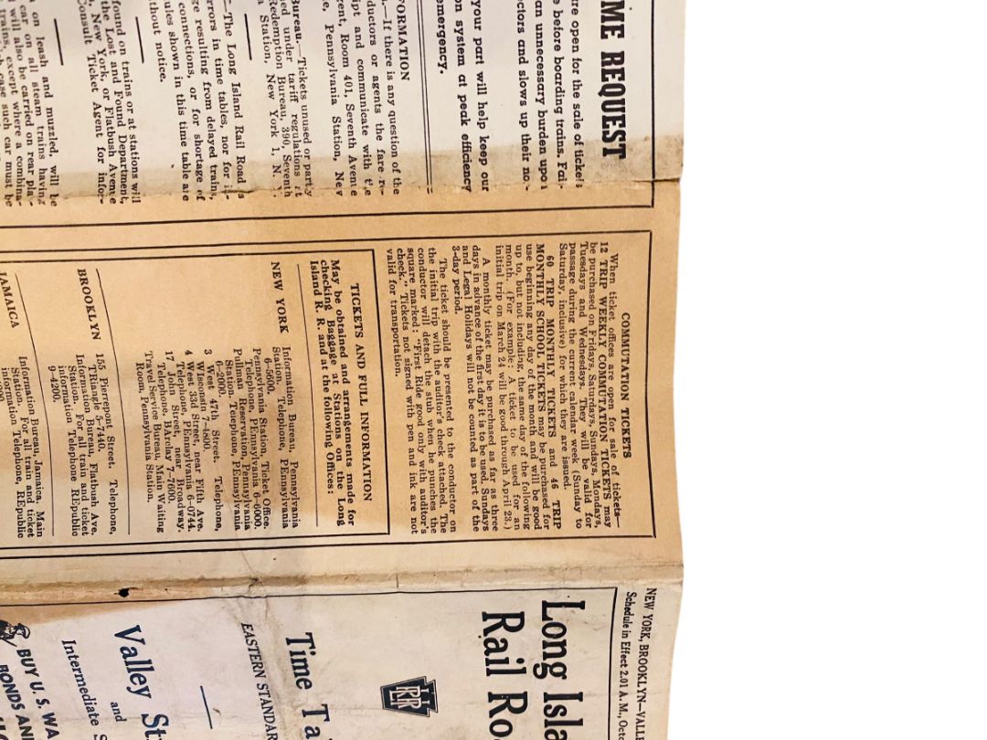 1944 Long Island Railroad Time Table Form LI-13 Valley Stream Intermediate Stations