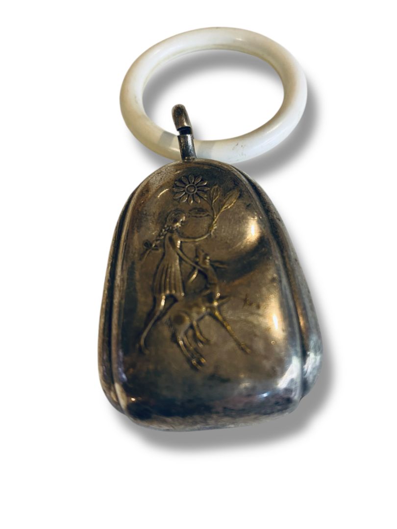 1930s WMF Silverplate Decorative Bell Rattle 2.5" Girl Greyhound Double Sided