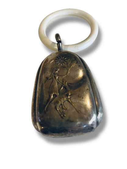 1930s WMF Silverplate Decorative Bell Rattle 2.5" Girl Greyhound Double Sided