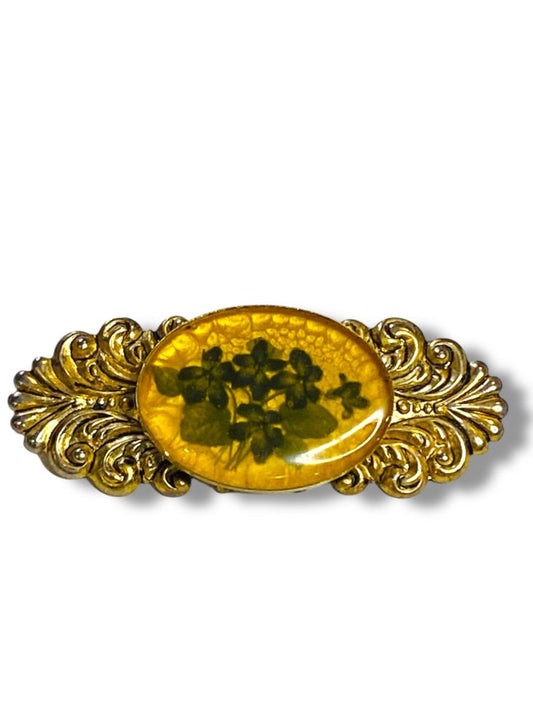Vintage Goldtone Brooch Pin Dried Flowers in Resin 2"