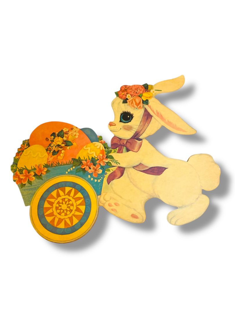 Vintage Bunny Rabbit Pushing Wheelbarrow 16" Diecut Cute Easter