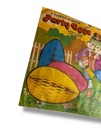 Vintage Party Eggs 6" 3 Large Honeycomb Hanging Lavender Blue Yellow New Old Stock