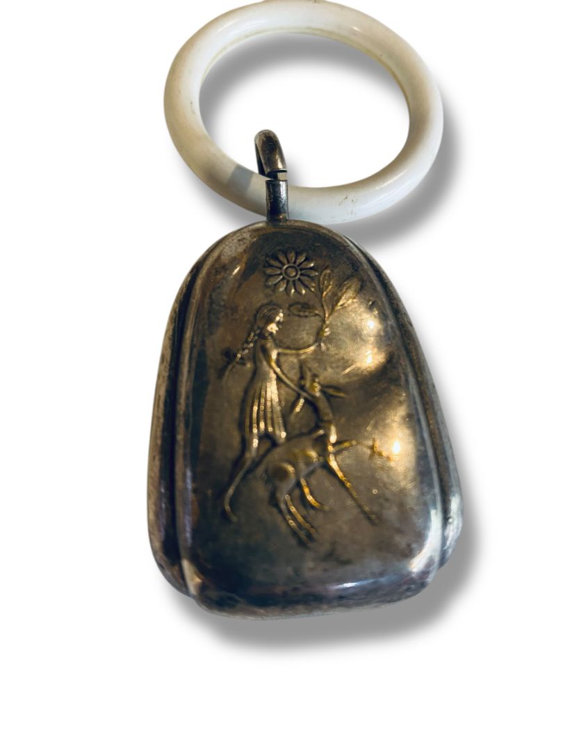 1930s WMF Silverplate Decorative Bell Rattle 2.5" Girl Greyhound Double Sided