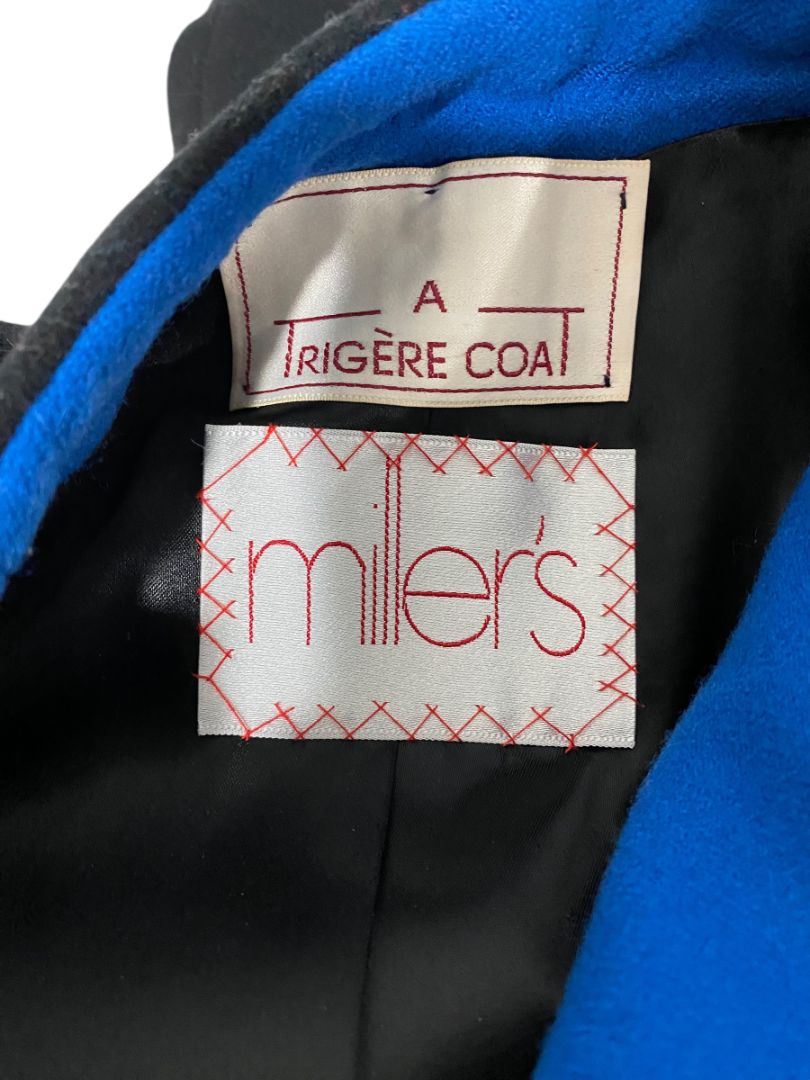Size 12 A Trigere Coat Womens Black Blue Contrast Wool Classic 1980s