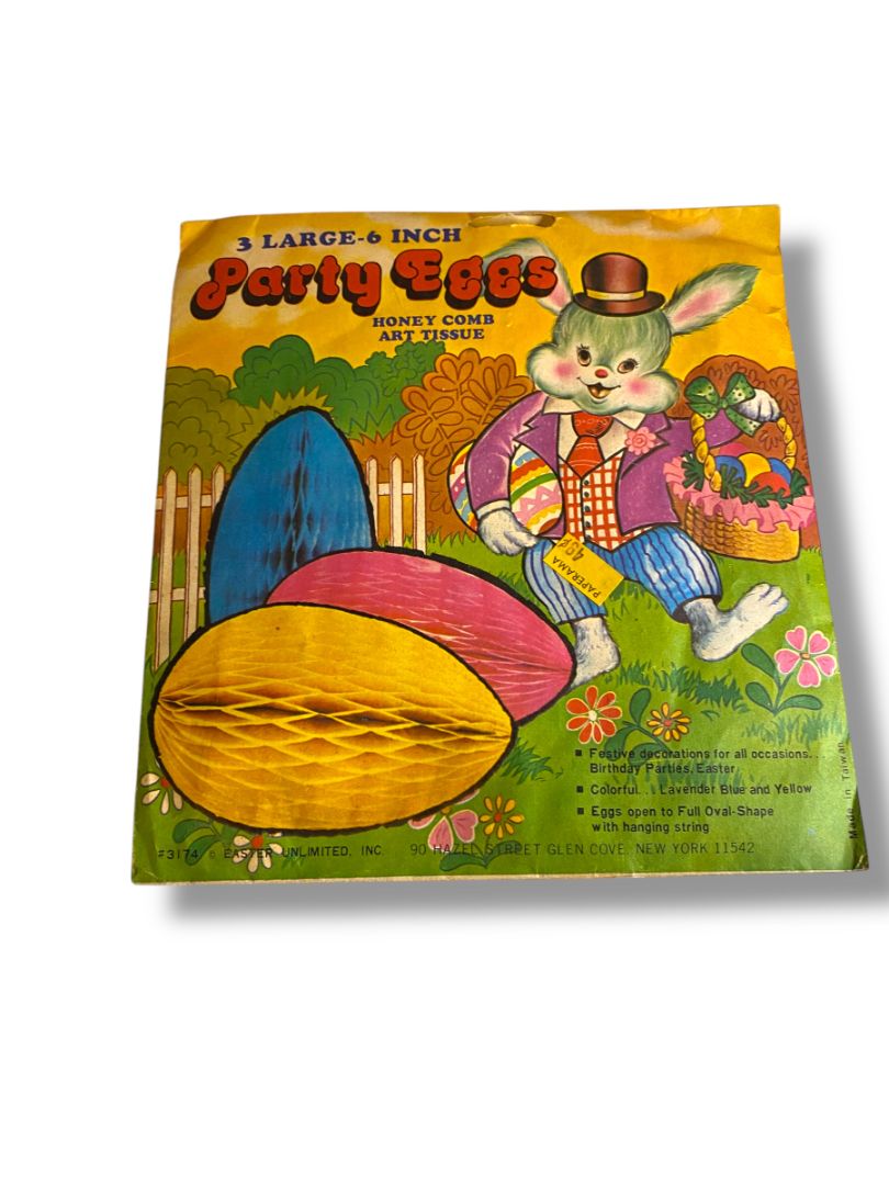 Vintage Party Eggs 6" 3 Large Honeycomb Hanging Lavender Blue Yellow New Old Stock