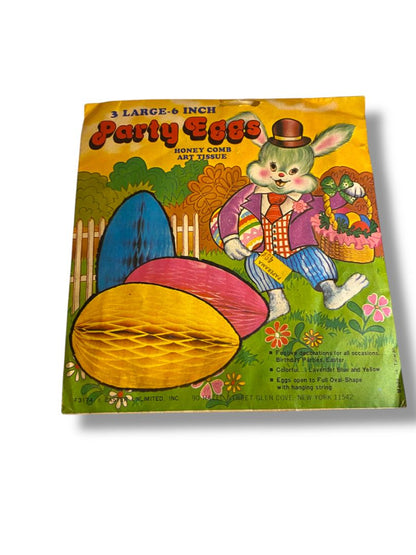 Vintage Party Eggs 6" 3 Large Honeycomb Hanging Lavender Blue Yellow New Old Stock