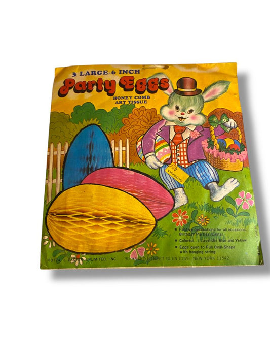 Vintage Party Eggs 6" 3 Large Honeycomb Hanging Lavender Blue Yellow New Old Stock