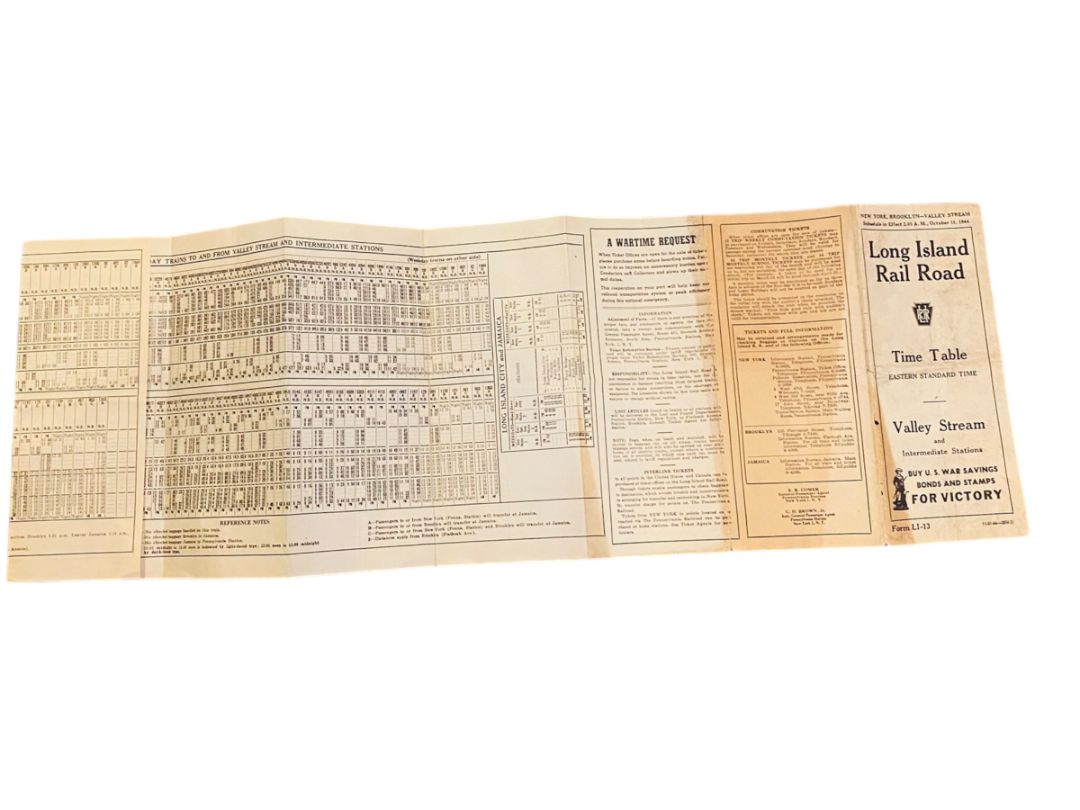 1944 Long Island Railroad Time Table Form LI-13 Valley Stream Intermediate Stations
