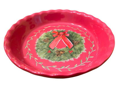 10" Nantucket Home Wreath Pie Plate Red Baking Dish Christmas